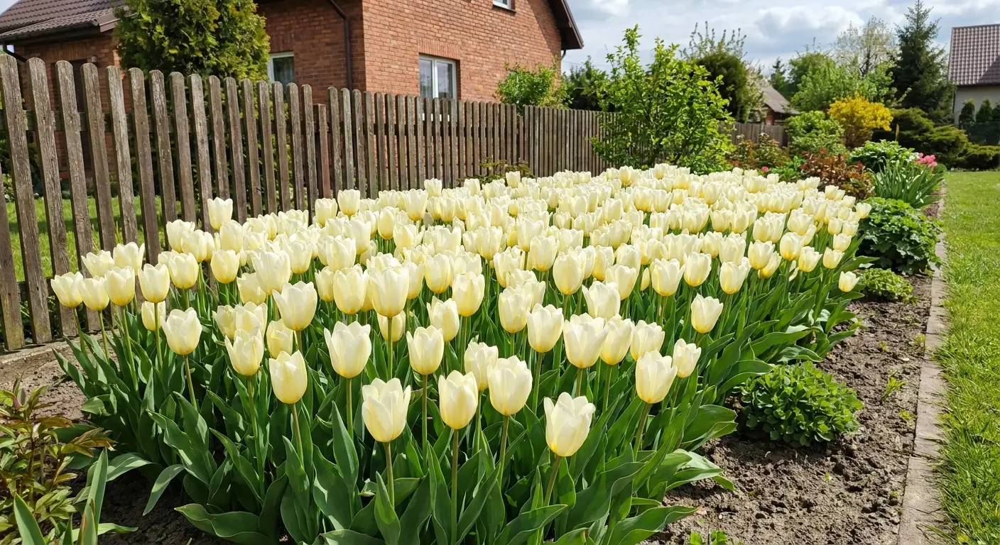 Kępa kwitnących tulipanów Fostera 'Purissima' o kremowo-białych kwiatach.