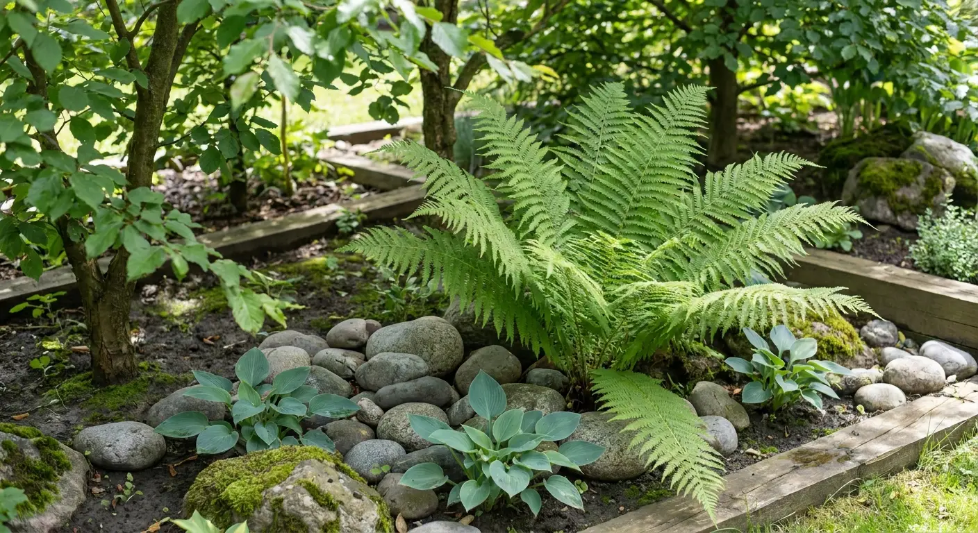 Wietlica samicza (Athyrium filix-femina) w cienistej rabacie obłożonej kamieniami, w towarzystwie funkii.