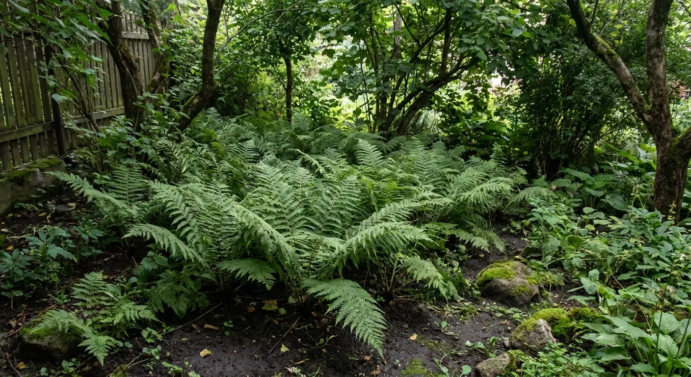 Bujna kępa wietlicy samiczej (Athyrium filix-femina) rosnąca w wilgotnym, zacienionym miejscu w ogrodzie.