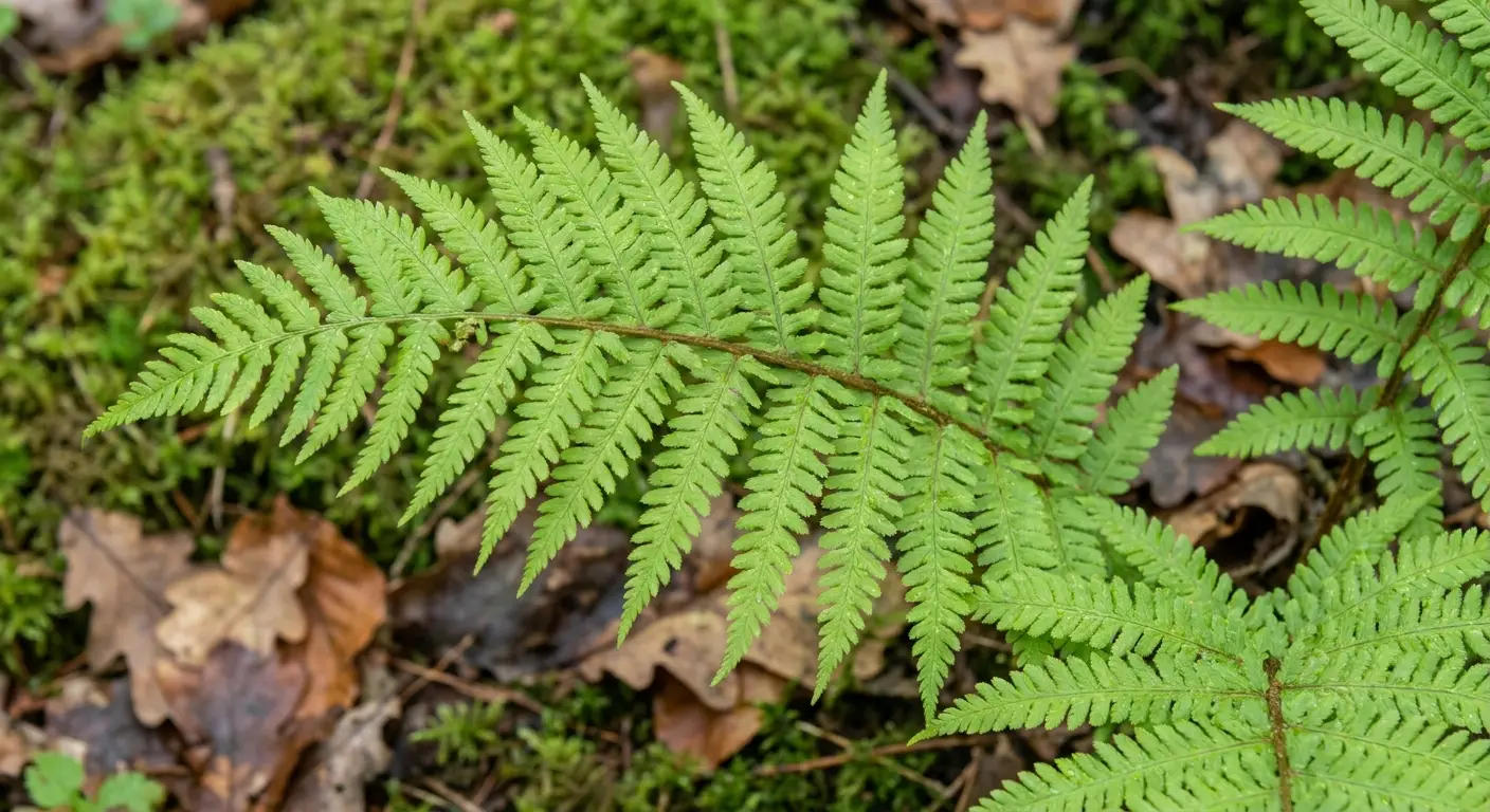 Wietlica samicza (Athyrium filix-femina) z rozłożystymi, jasnozielonymi liśćmi, rosnąca w wilgotnym, leśnym środowisku, z delikatnym tłem mchu i ściółki.