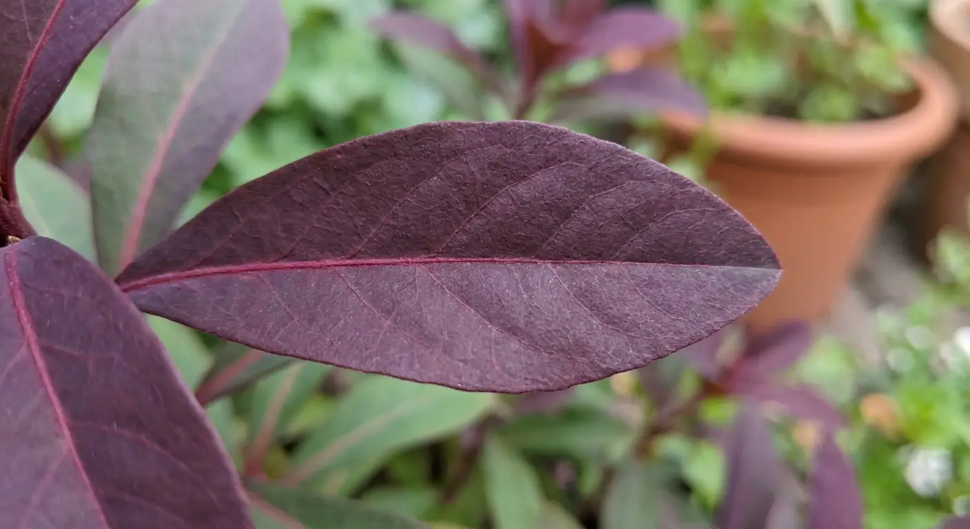 Zbliżenie na zdrowy, purpurowo-czerwony liść wilczomlecza migdałolistnego 'Purpurea' w ogrodzie.