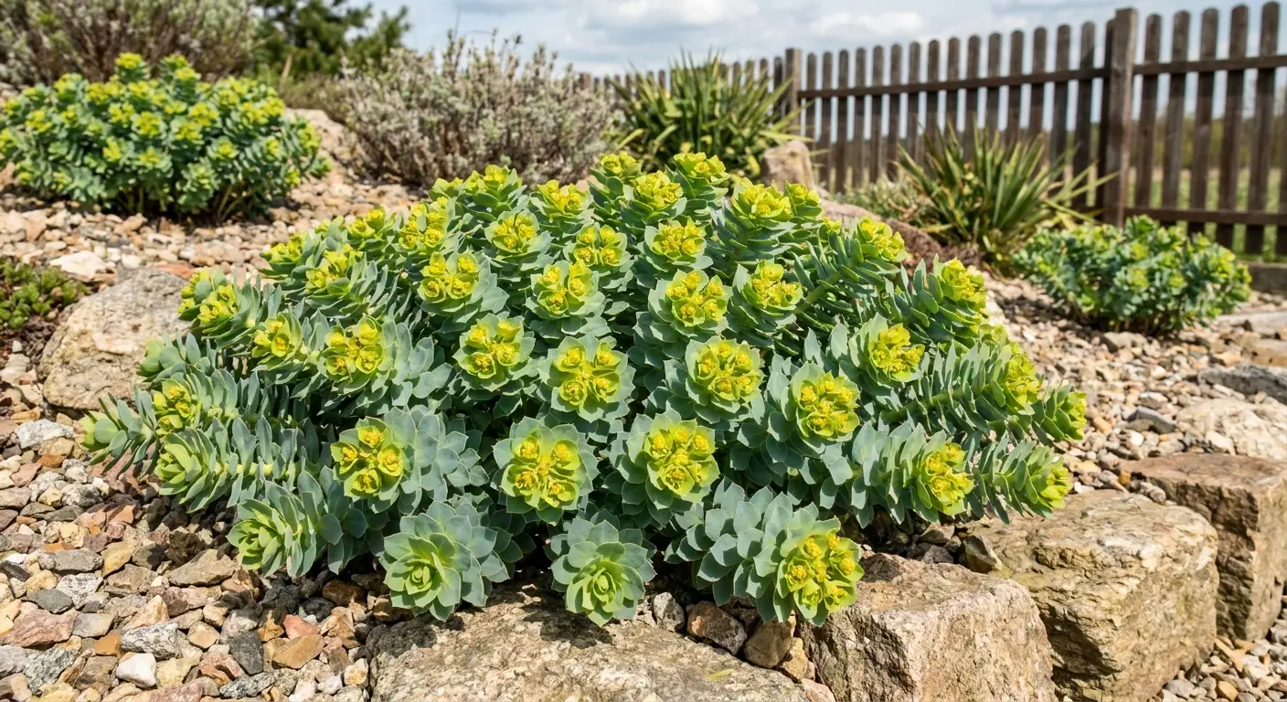 Bujna kępa wilczomlecza mirtowatego (Euphorbia myrsinites) rosnąca w ogrodzie, idealna do suchych i słonecznych miejsc.