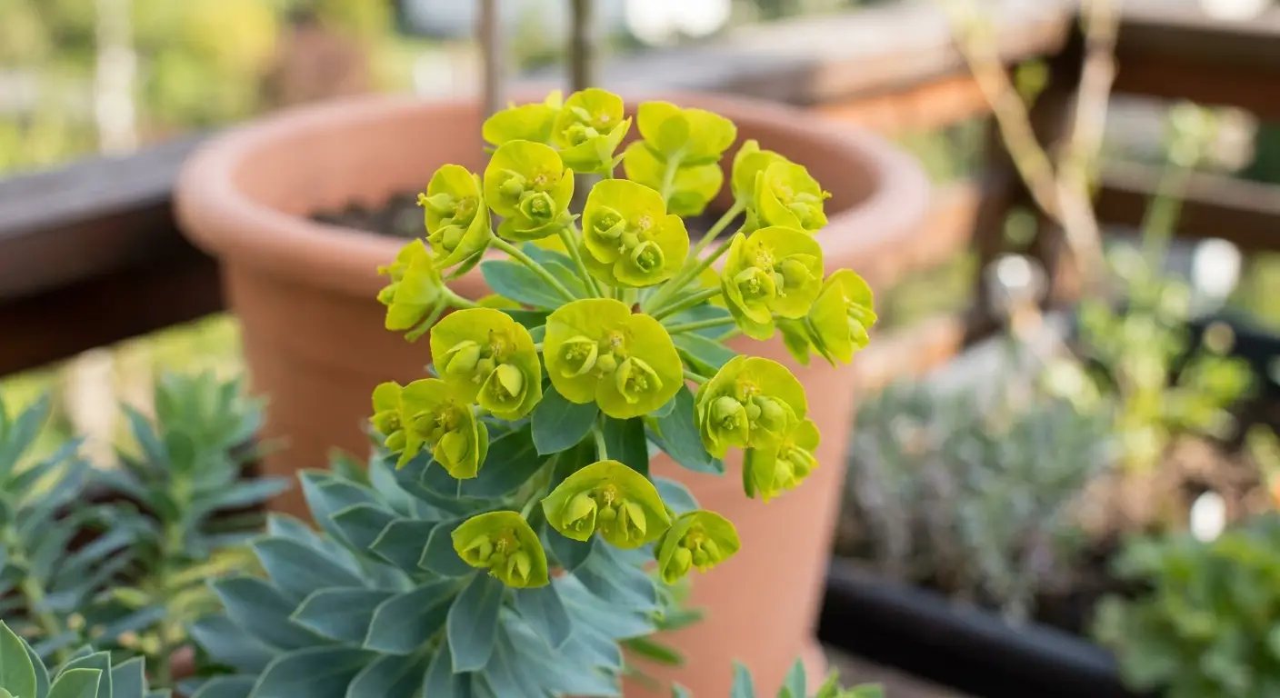 Zbliżenie na charakterystyczne, cytrynowo-żółte kwiatostany wilczomlecza mirtowatego (Euphorbia myrsinites) w ogrodzie.