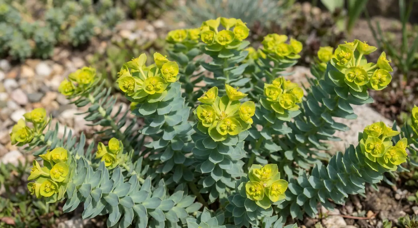 Zdjęcie przedstawiające kwitnący wilczomlecz mirtowaty (Euphorbia myrsinites) z charakterystycznymi liśćmi i żółto-zielonymi kwiatostanami.
