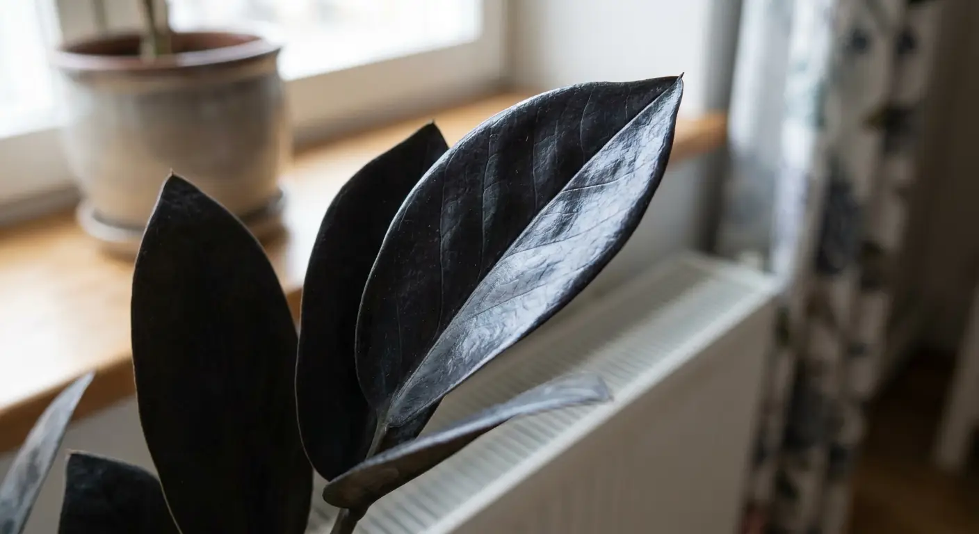 Zbliżenie na ciemny, zdrowy liść zamiokulkasa zamiolistnego 'Raven' w doniczce, o charakterystycznym purpurowo-czarnym kolorze.