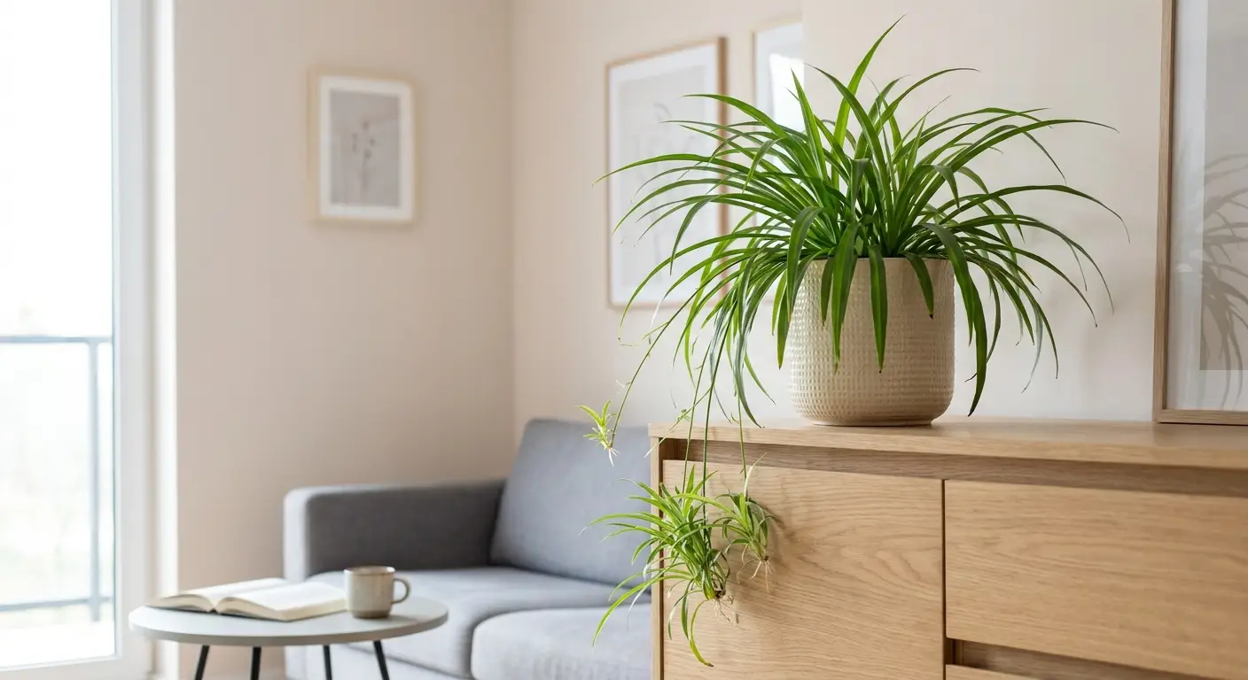 Zielistka Sternberga w eleganckiej ceramicznej doniczce, ozdabiająca nowoczesny salon, z widocznymi młodymi roślinkami zwisającymi z głównych pędów.