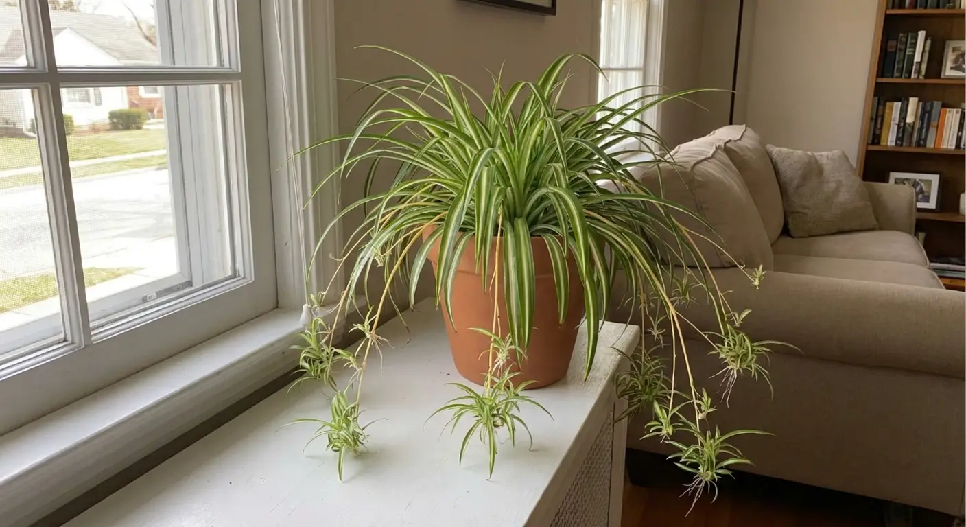 Zielistka Sternberga (Chlorophytum comosum) w glinianej doniczce przy oknie, z kilkunastoma rozłogami i młodymi rozetkami zwisającymi na cienkich pędach.