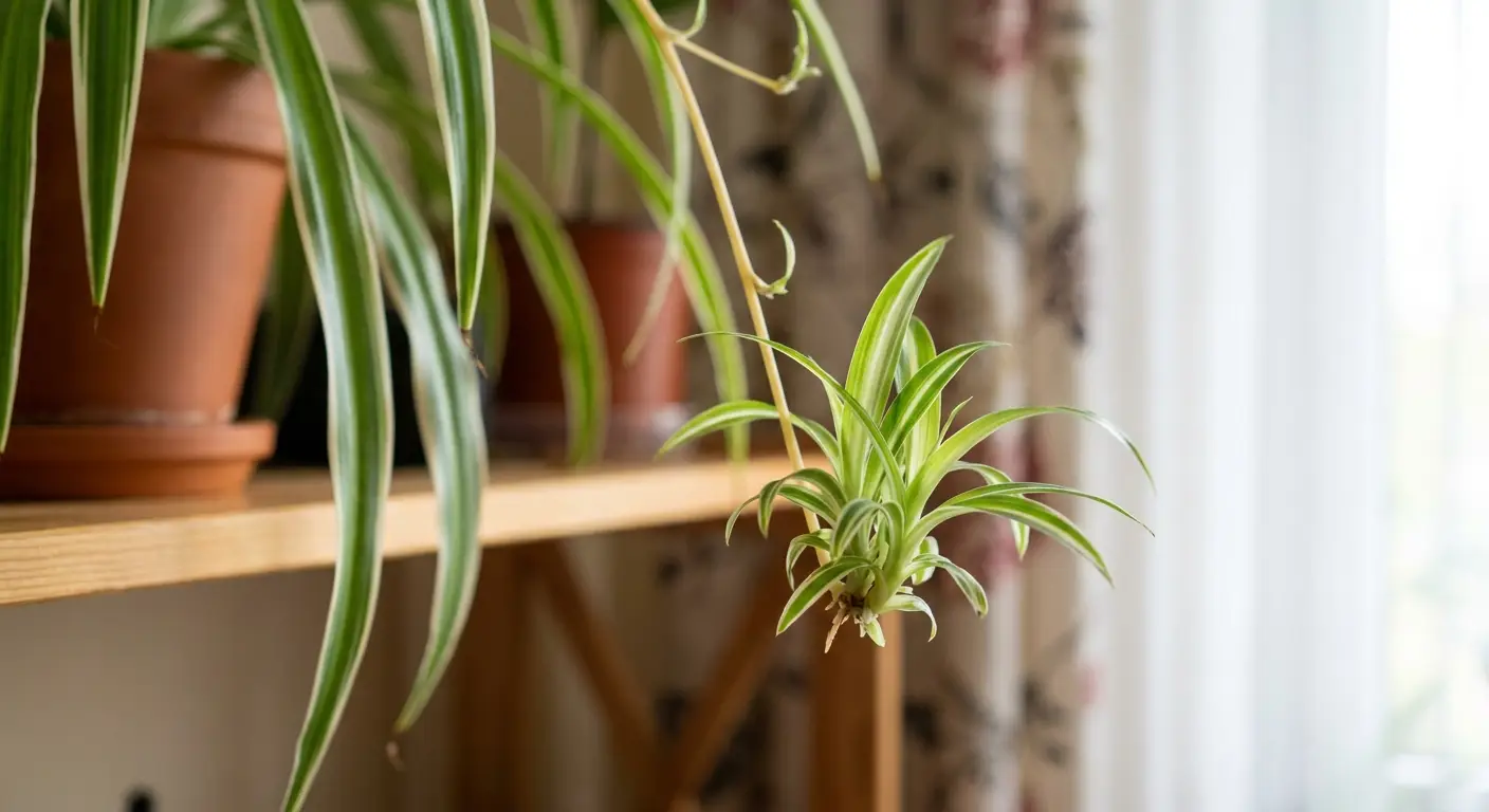 Zbliżenie na zdrową, młodą sadzonkę zielistki Sternberga (Chlorophytum comosum) z charakterystycznymi biało-zielonymi liśćmi, wiszącą na roślinie macierzystej.